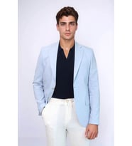 Açık Mavi Keten Dokulu Gold Renk Metal Düğmeli Slim Fit Erkek Blazer Ceket - Wessi