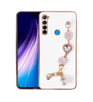 Xiaomi Redmi Note 8 Kılıf El Askılı Tutamaçlı Kamera Korumalı Renkli Gold Kenar Silikon Kapak (Beyaz)