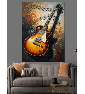 Müzik Notaları Ve Elektro Gitar Dekoratif Kanvas - Mdf Ahşap Tablo