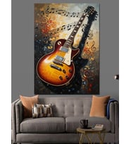 Müzik Notaları Ve Elektro Gitar Dekoratif Kanvas - Mdf Ahşap Tablo