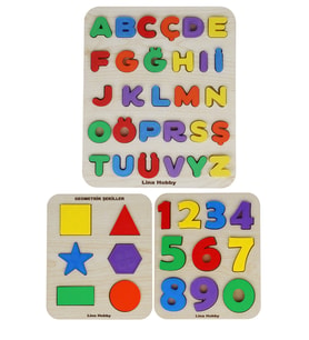 Eğitici Puzzle Seti – Türkçe Alfabe + Sayılar + Geometrik Şekiller 3 lü Set Montessori Öğretici