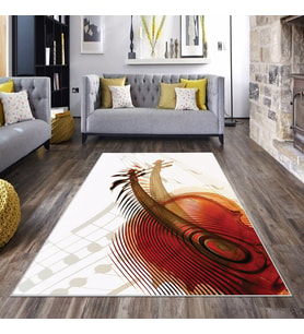 Krem Desenli Keman Motifli Yıkanabilir Kaymaz Taban Leke Tutmaz Modern Salon Halısı ve Yolluk (Turuncu)