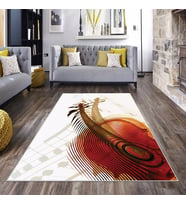 Krem Desenli Keman Motifli Yıkanabilir Kaymaz Taban Leke Tutmaz Modern Salon Halısı ve Yolluk (Turuncu)