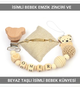 Sahi Aksesuar İsimli Bebek Emzik Zinciri ve Beyaz Taşlı Bebek Künyesi