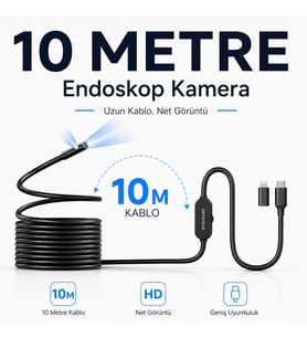 Uninet Iphone ve Android Uyumlu 2 Kameralı 10 Metre Kablolu Endoskop Yılan Kamera