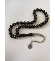 Tesbih Tsbh0247Bc 925 Ayar Gümüş Püsküllü Gümüş İşlemeli Küre Kesim Erzurum Oltu Taşı Tesbih