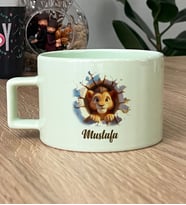 Kişiye Özel 3D Efektli Aslan Baskılı Hediye Pastel Fincan İsimli İsim Yazılı (Yeşil)