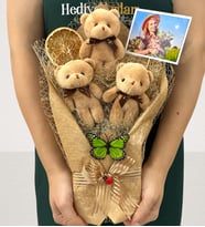 Kişiye Özel Fotoğraflı Büyük Boy 3'lü Peluş Ayıcık Buketi - Premium Tasarım Ayıcık Buketi (Kahverengi)