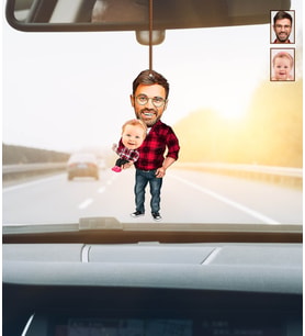 Kişiye Özel Karikatürlü Baba-Kız Ahşap Araba Dikiz Ayna Süsü