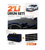 RENAULT CLIO 4 (2012-2019) Uyumlu Torpido Örtüsü + Tay Tüyü Bagaj Çantası + Sticker Seti - Siyah Mavi