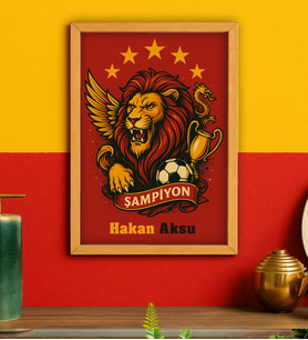BK Gift Kişiye Özel Sarı Kırmızı 5 Yıldız Aslan Taraftar Tasarımlı Ahşap Çerçeveli Tablo-2 40x25cm, Taraftar Hediyesi, Doğum Günü Hediyesi, Arkadaşa Hediye