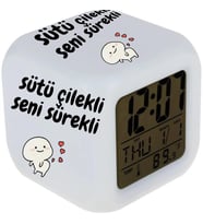 Sütü Çilekli Seni Sürekli Tasarımlı 7 Renk Değiştiren Alarmlı Dijital Küp Saat