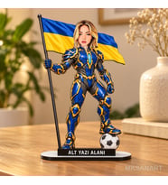 Kişiye Özel Sarı Lacivert Kadın Süper Karikatürlü 18 cm MDF Masaüstü Biblo - Futbol Temalı Hediye Futbol Severlere ve Spor Tutkunlarına Hediye