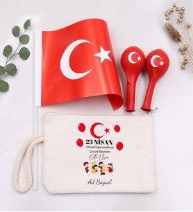 23 Nisan'a Özel Türk Bayrağı & Kişiye Özel Ham Bez El Çantası & 2'li Balon Hediye Seti