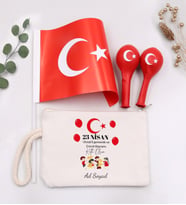 23 Nisan'a Özel Türk Bayrağı & Kişiye Özel Ham Bez El Çantası & 2'li Balon Hediye Seti