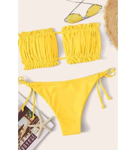 Brezilya Model Büzgülü Bağlamalı Bikini Takım Sarı