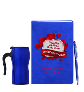 Sevgililer Gününe Özel Mavi Defter Kalem & Termos Mug Hediye Seti 5