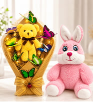 LED Işıklı Sarı Peluş Ayıcıklı Buket ve Pembe Peluş Tavşan Hediye Seti