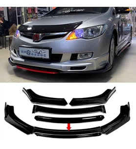 Honda Civic FD6 Siyah Renkli Şeritli Dilli Ön Lip 4 Prç Parlak Siyah ABS