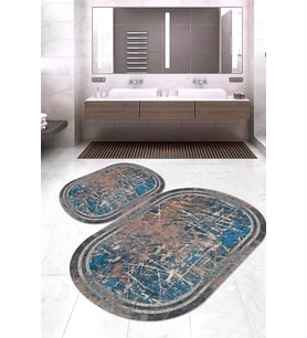 Dijital Baskılı Kaymaz Taban Yıkanabilir Oval 2'li Klozet Takımı Banyo Paspası NOKZ-HY-1271 (Mavi)
