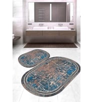 Dijital Baskılı Kaymaz Taban Yıkanabilir Oval 2'li Klozet Takımı Banyo Paspası NOKZ-HY-1271 (Mavi)