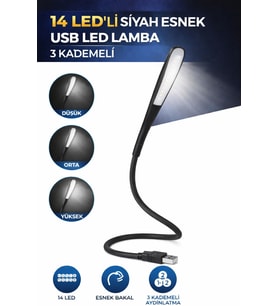 14 Led USB Lamba Esnek 3 Kademeli Masa Lambası Bilgisayar Laptop Klavye Aydınlatma Siyah