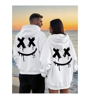 Nevermind Sevgili Çift Kombin Gülümseme Baskılı Renk Kapüşonlu Sweatshirt 2li Set Takım 3 İplik Pamuk (Beyaz)