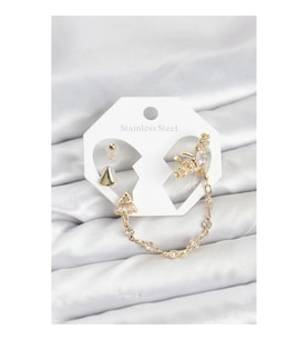 Mey İthalat® Pirinç Gold Renk Yıldızlı Model Zincir Bağlantılı Ear Cuff Küpe Seti