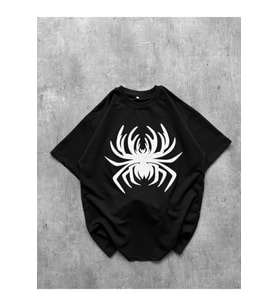 Erkek Örümcek Baskılı Tişört Kısa Kollu Bisiklet Yaka T-Shirt - Siyah