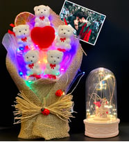 Kişiye Özel Fotoğraflı Led Işıklı Buket ve Led Işıklı Unicorlu Fanus - Premium Hediye Seti (Model 2)