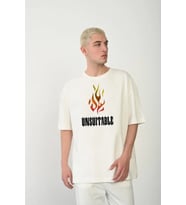Unisex Bisiklet Yaka Baskılı Oversize T-Shirt - Beyaz