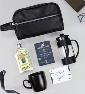 Siyah Suni Deri Erkek El Çantası & Eyüp Sabri Tuncer Tıraş Kolonyası & Alerya Premium Filtre Kahve & Siyah French Press & Siyah Kupa Hediye Seti