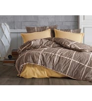 Çift Kişilik Nevresim Takımı Seti Yorgan Kılıfı LOVE KALP Desen 200x220 cm + Lastikli Battal Boy Çarşaf 180x200x30 cm +2 Yastık Kılıflı 50x70 cm (Kahverengi, Kareli)
