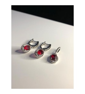 Sentetik Yakut Taşlı Kolye Ve Küpe Zincirili Beyaz Renk 925 Ayar Gümüş Set