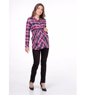 Hamile Gömlek Ekose Model Kemerli Pembe