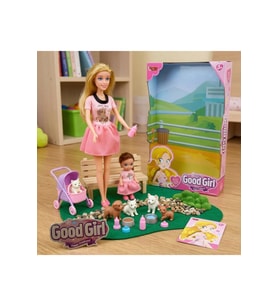Good Girl Anne Kız Pet Shop Oyun Seti - 29 cm Oyuncak Bebek, Yavru Köpekler ve Pusetli Evcilik Seti