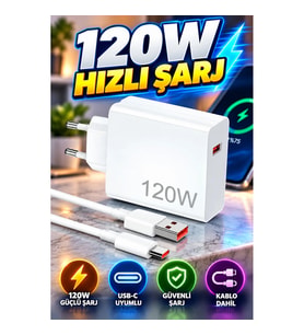 120W Hızlı Şarj Adaptörü Seti Beyaz USB-C Çift Turbo Şarj Aleti