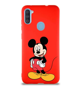 Samsung Galaxy M11 Soft Premier Kapak Mickey Mouse-E Tasarımlı Silikon Kılıf - Kırmızı (Şeffaf)