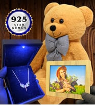 Size Özel Premium Set Büyük Boy Kahve Peluş Ayıcık ve Gerçek 925 Ayar Gümüş Kolye (Model 5)