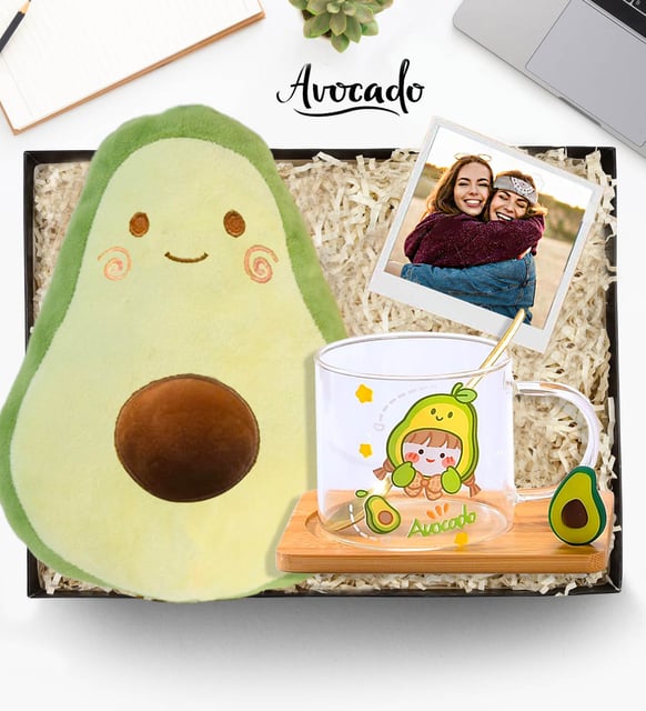 Kişiye Özel Fotoğraflı Avokado Polar Yastık & 3D Avakado Biblolu Bardak Kutulı Hediye Seti