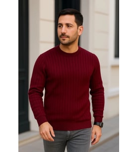 Erkek Bisiklet Yuvarlak Yaka Triko Kazak Pamuklu Kalın Fitilli Dokuma, Regular Fit Uzun Kollu Kışlık