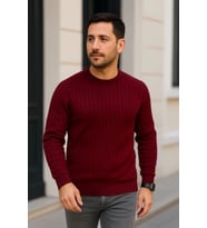 Erkek Bisiklet Yuvarlak Yaka Triko Kazak Pamuklu Kalın Fitilli Dokuma, Regular Fit Uzun Kollu Kışlık