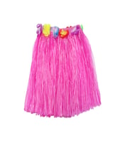 Yetişkin ve Çocuk Uyumlu Pembe Renk Püsküllü Hawaii Luau Hula Etek 40 cm