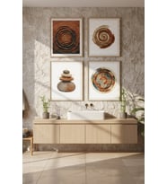 Spiral ve Doğal Taş Formlar 4’lü Ahşap Çerçeveli Tablo Seti - Banyo Dekoru