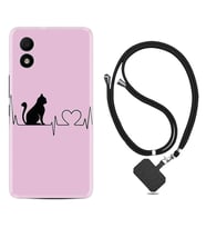 TCL 303 Kılıf Resimli Boyun Askılı İpli Desenli Silikon Pink Cat Heart 1303