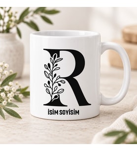 Kişiye Özel Baş Harfli ve İsimli Floral Yapyak Desenli Seramik Kupa Bardak