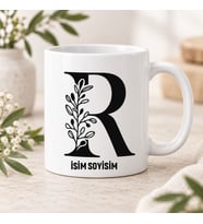 Kişiye Özel Baş Harfli ve İsimli Floral Yapyak Desenli Seramik Kupa Bardak
