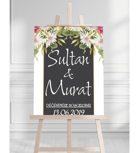 Söz Nişan Düğün İçin 50x70 Karşılama Panosu - Renkli Çiçek Tasarımlı 01