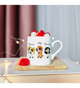 Power Puff Girls Tasarımlı Ahşap Tabaklı Kişiye Özel Türk Kahvesi Fincanı