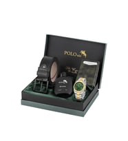 Polo Air Takvimli Erkek Kol Saati Otomatik Cüzdan Kemer Parfüm Seti Yeşil Altın Gümüş Renk PL-7081E8 (Açık Yeşil-Altın)